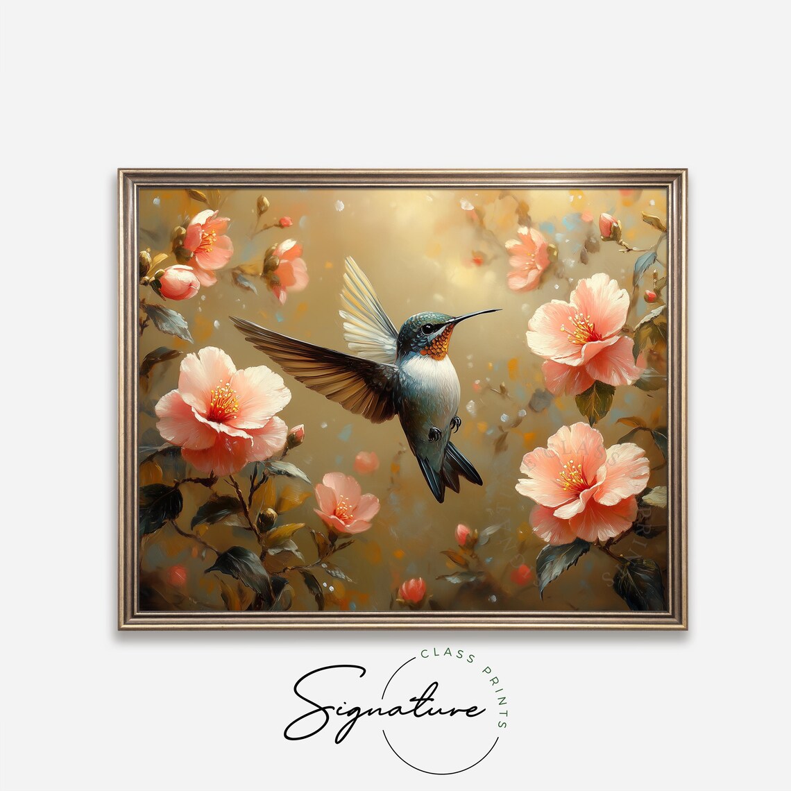 Hummingbird Amid Rosy Pink Camellia Flowers Golden Ethereal Wall Art - Image 4