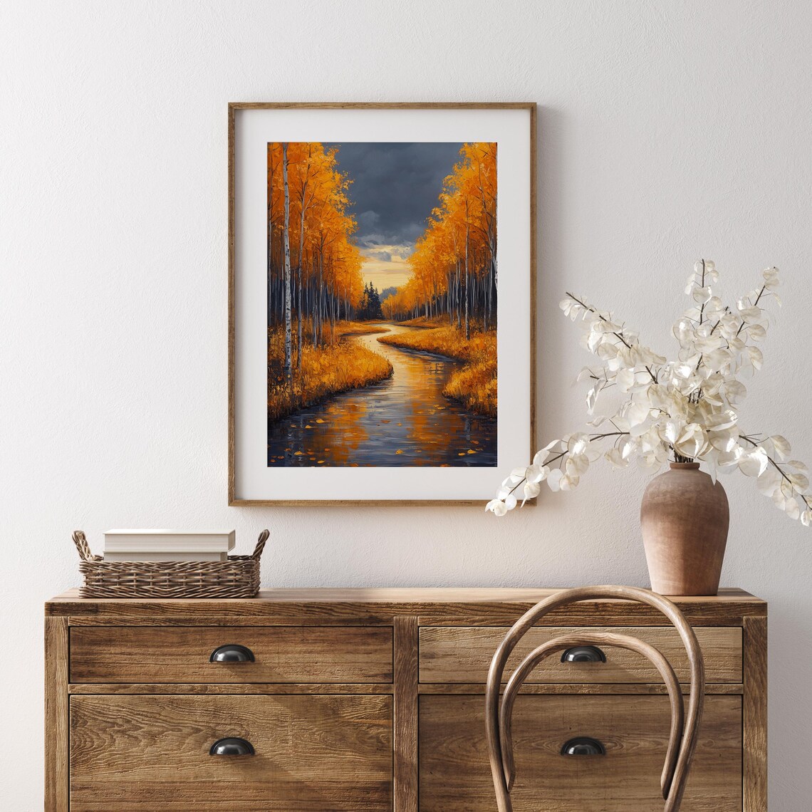 Birch Forest River Painting Golden Autumn Stormy Sky Fall Landscape Poster - Image 5