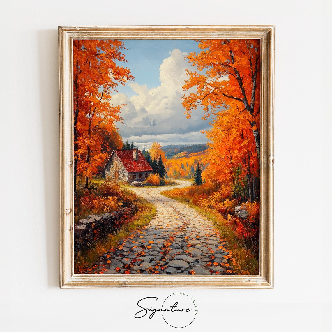 Stone Cottage on Cobblestone Lane Amid Glowing Autumn Woodland Wall Art