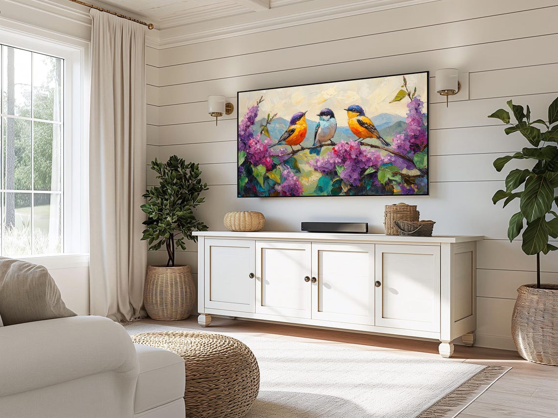 Three Colorful Songbirds On Lilac Branch Impasto Spring Poster - Image 3