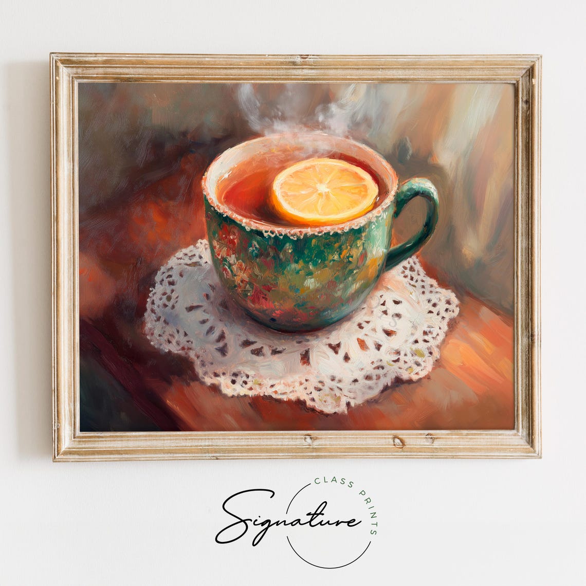 Steaming Tea With Lemon Slice In Green Cup On Lace Doily Cozy Wall Art