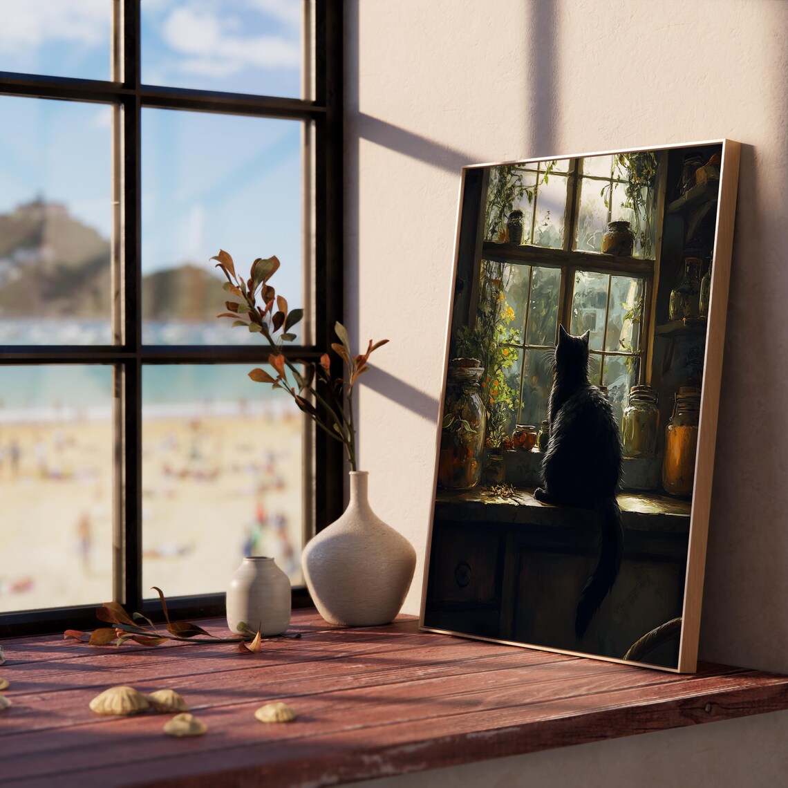 Black Cat Kitchen Windowsill Warm Light Rustic Potions Herbs Art Poster - Image 5