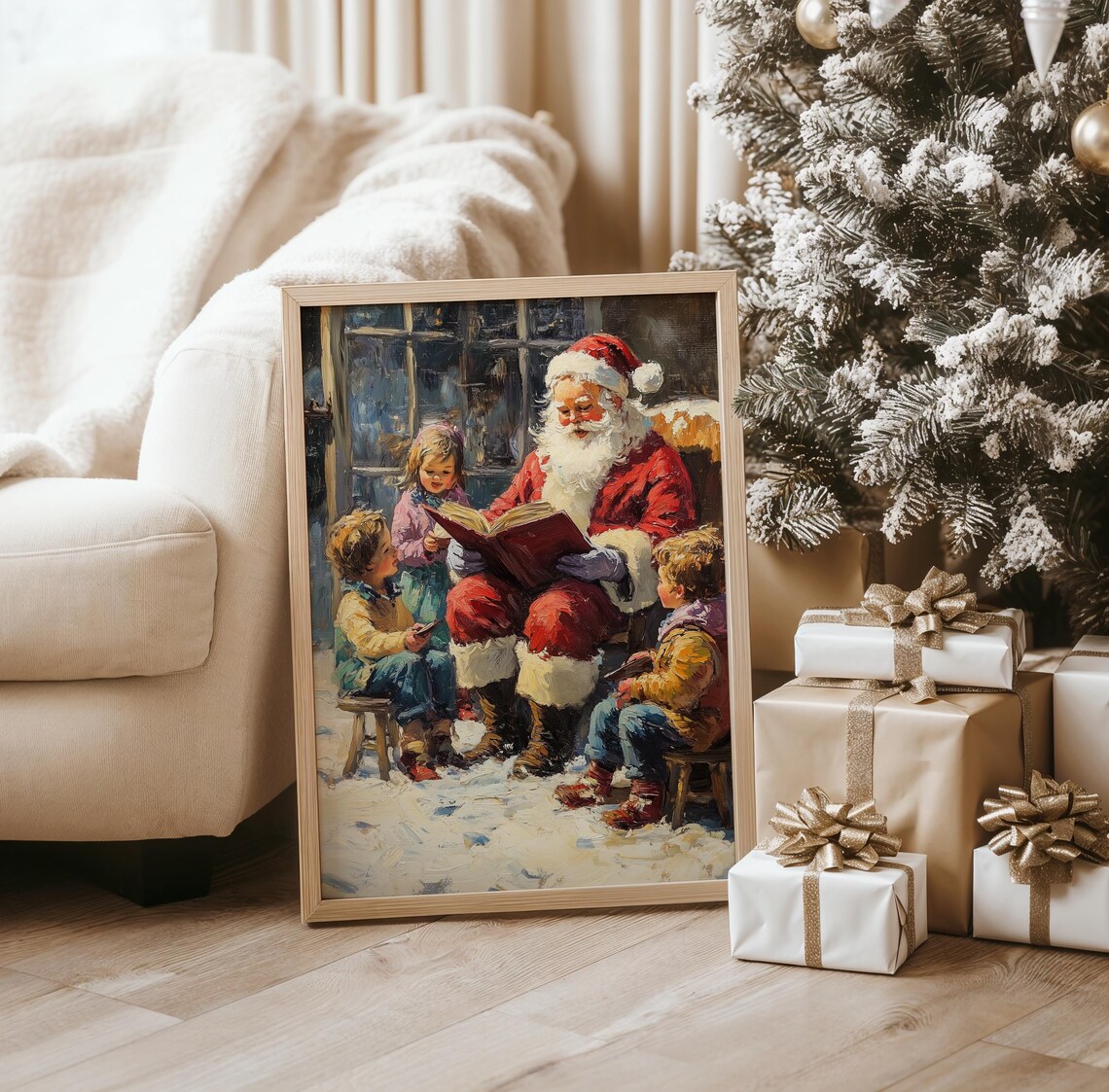 Santa Claus Reading Stories to Children in the Snow at Night Poster - Image 2