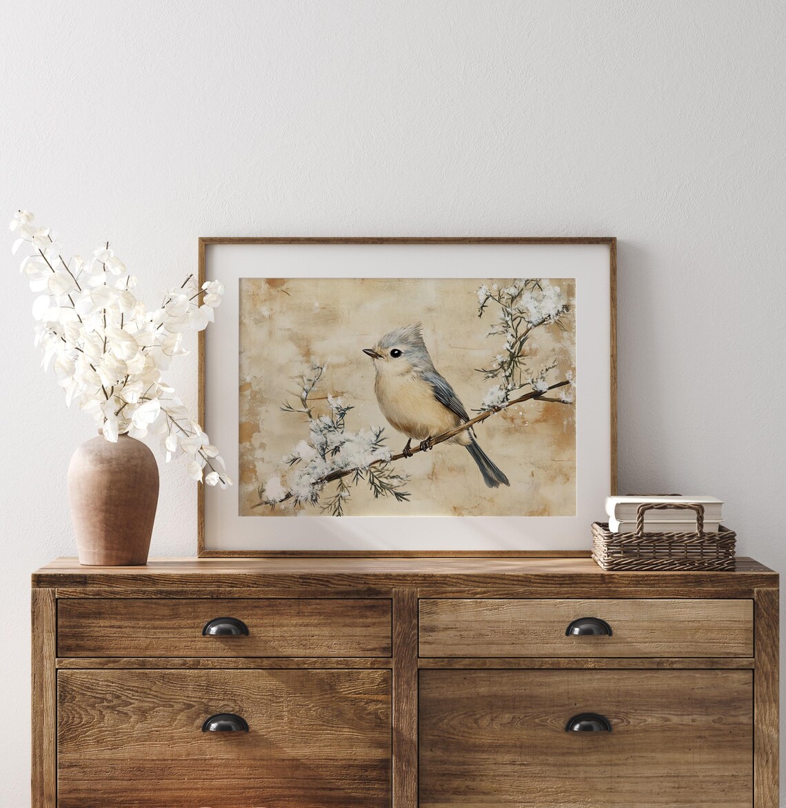 Tufted Titmouse On Snowy Winter Branch Soft Vintage Bird Painting Poster - Image 2