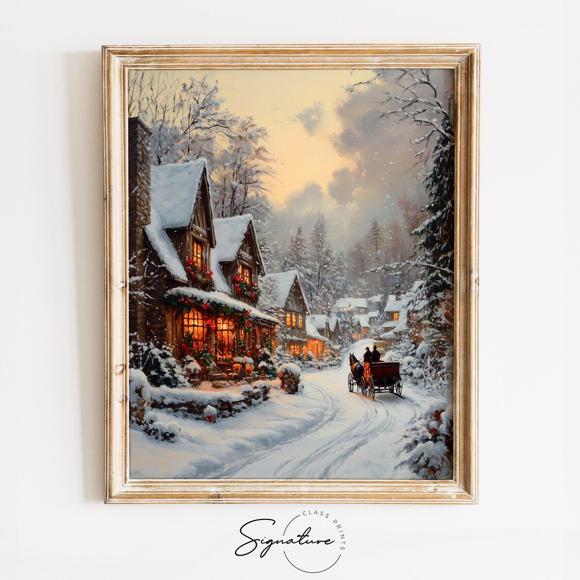 Christmas Village Street with Horse Carriage on Snowy Night Poster