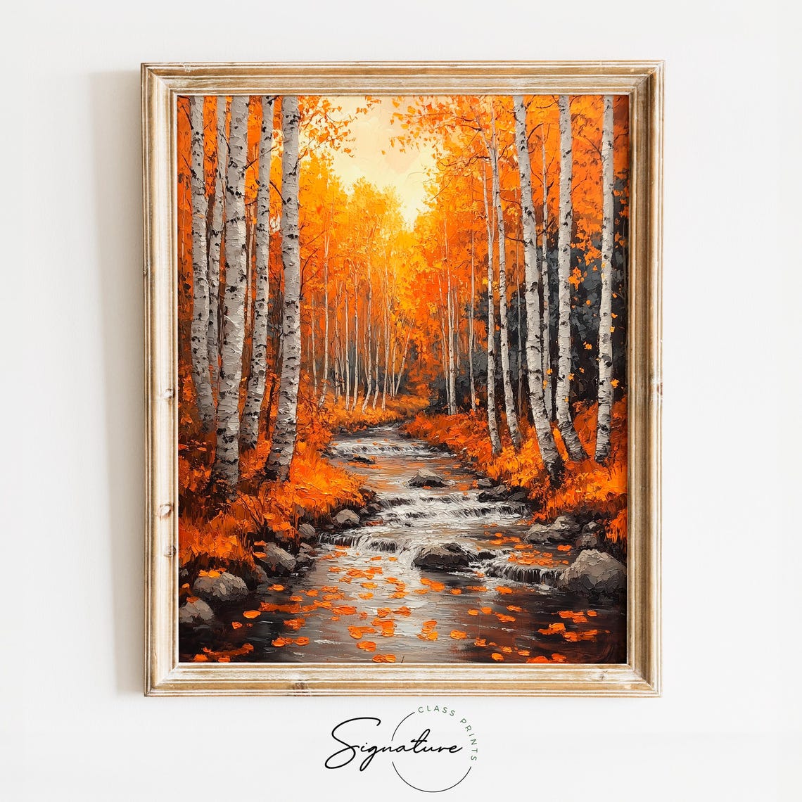 Autumn Birch Grove Mountain Stream White Trunks Orange Leaves Poster