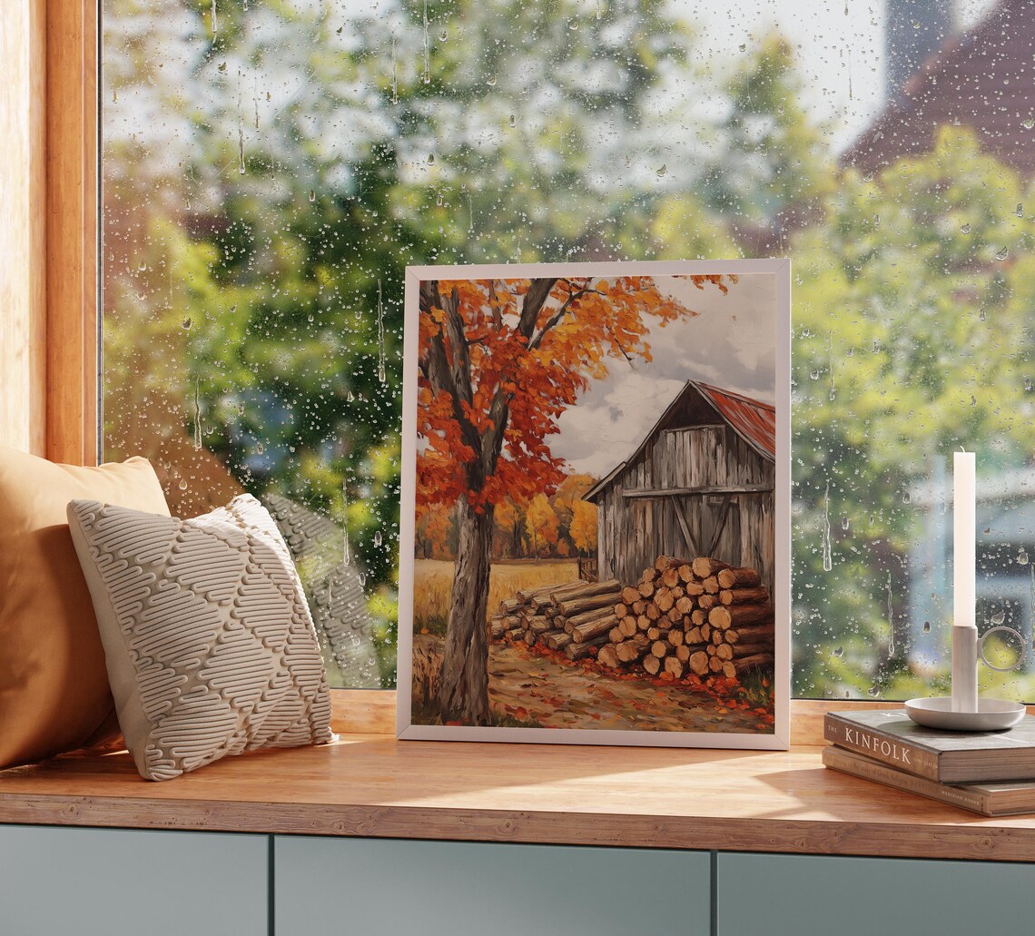 Weathered Barn With Stacked Firewood Under Blazing Autumn Tree Wall Art - Image 2