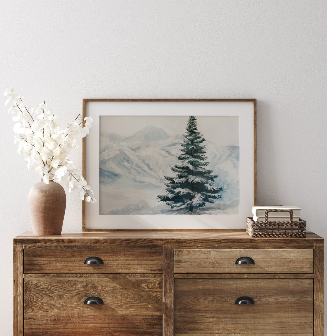 Lone Snow Dusted Spruce Tree Before Alpine Peaks Winter Poster - Image 3