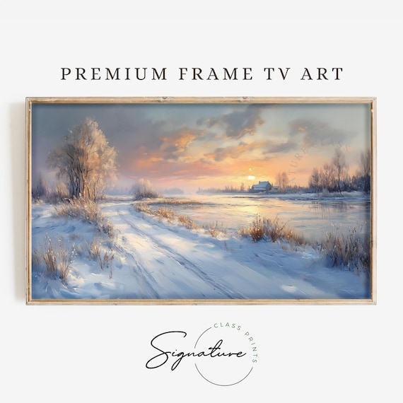 Frosty Winter Meadow Sunrise Snowy Path Frozen Lake Pink Sky Scene Poster