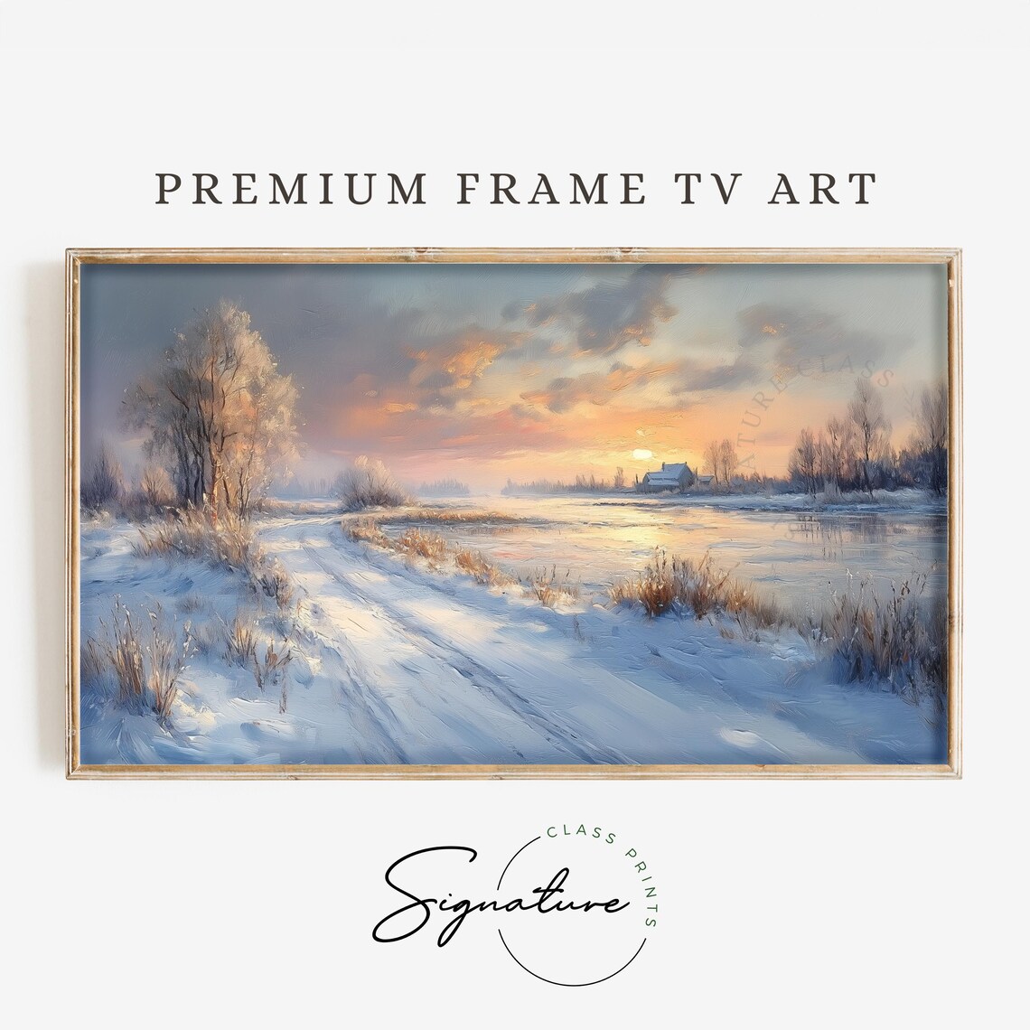 Frosty Winter Meadow Sunrise Snowy Path Frozen Lake Pink Sky Scene Poster