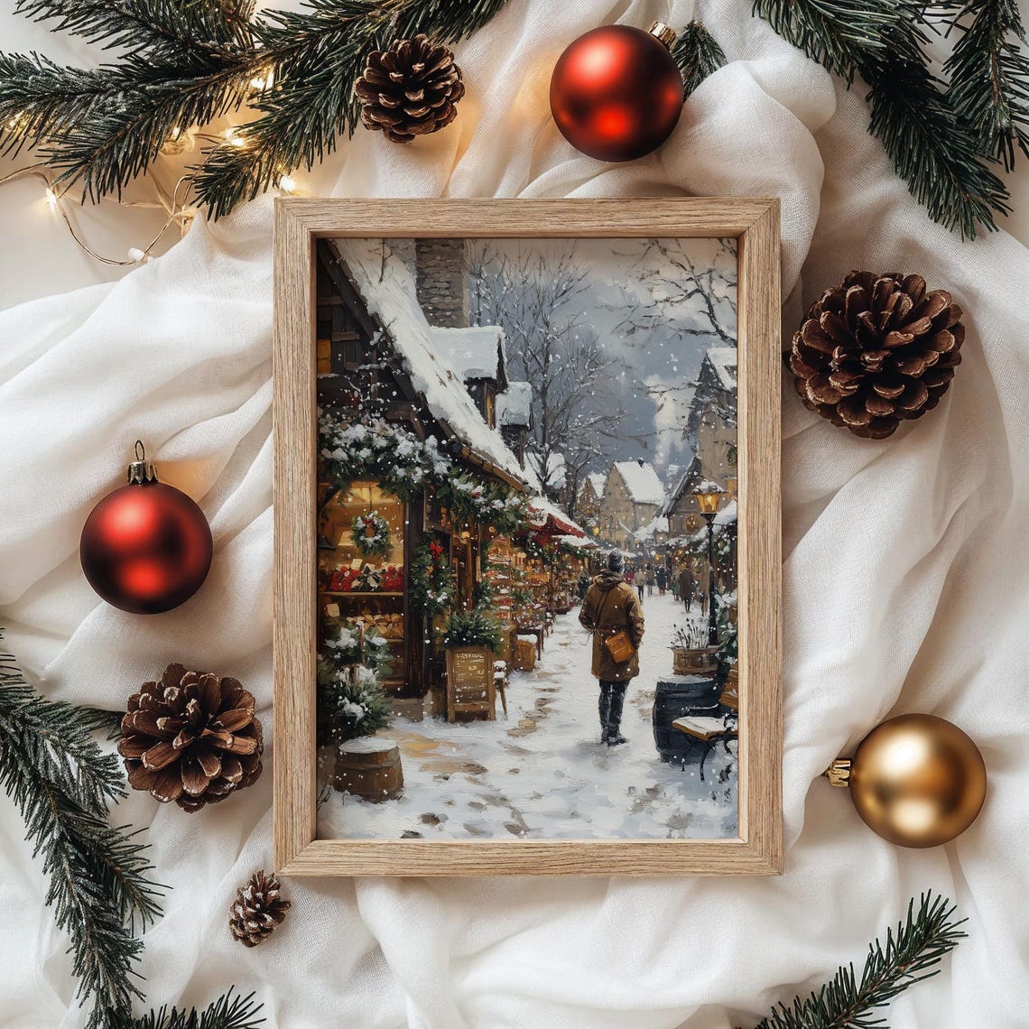 Snowy Christmas Shopping Street with Decorated Stores Holiday Poster - Image 4