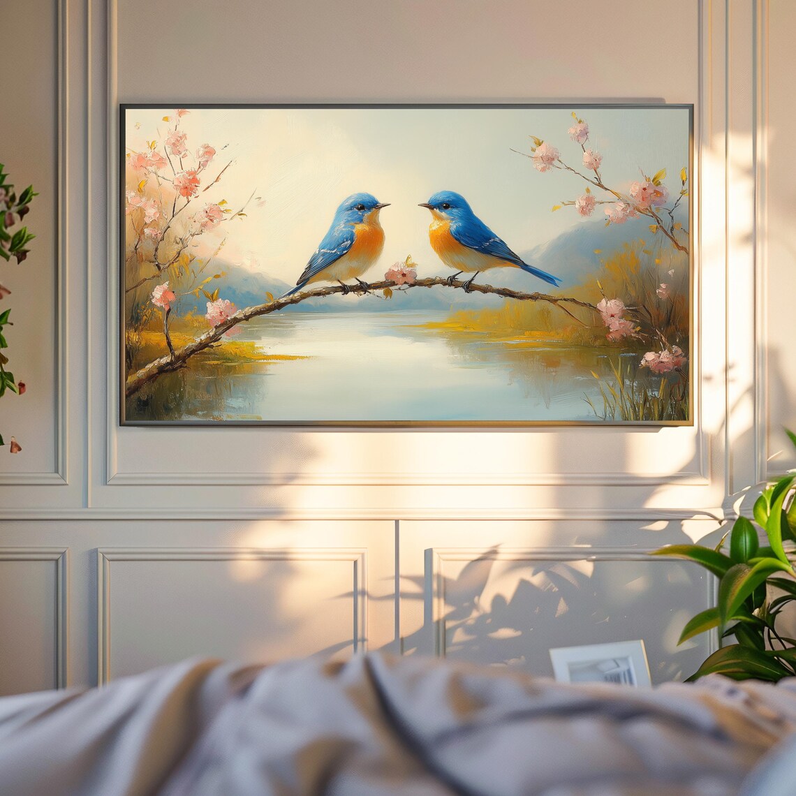 Bluebirds On Blossom Branch Lake Spring Frame TV Bird Art Print - Image 4