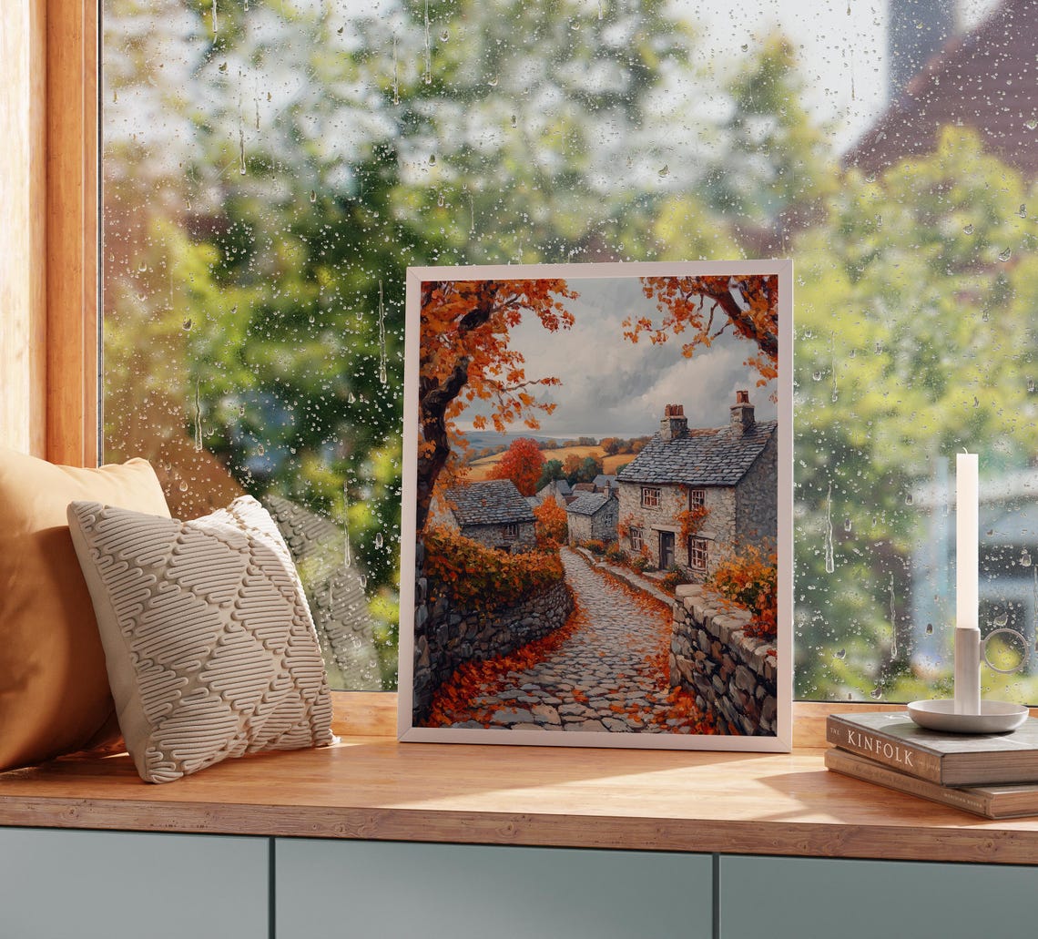 Autumn Village Cobblestone Street Stone Houses Orange Trees Poster - Image 2