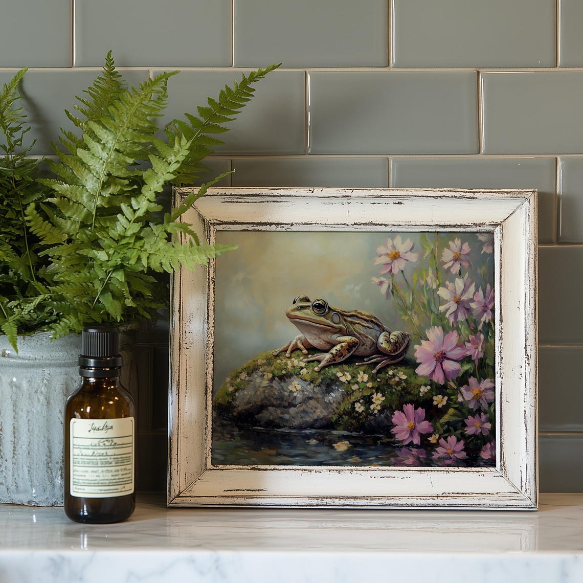 Frog On Mossy Rock Pond Cosmos Flowers Spring Animal Wall Art - Image 3
