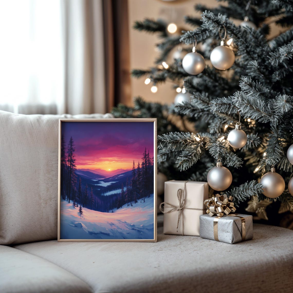 Magenta Sunset Over Snowy Valley Tall Pines Oil Painting Style Poster - Image 5