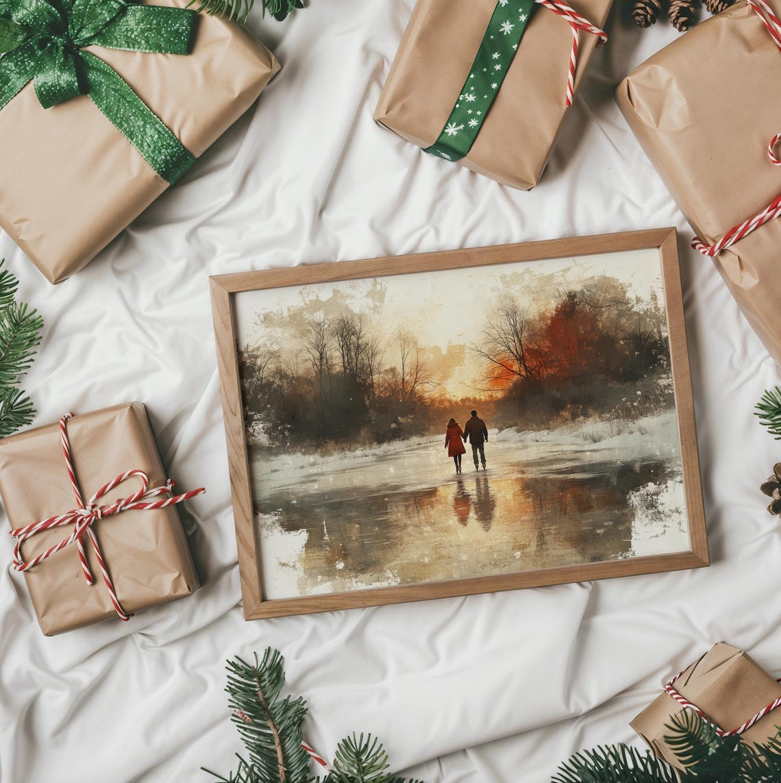 Couple Walking Hand In Hand Across Frozen Lake Sunset Poster - Image 2