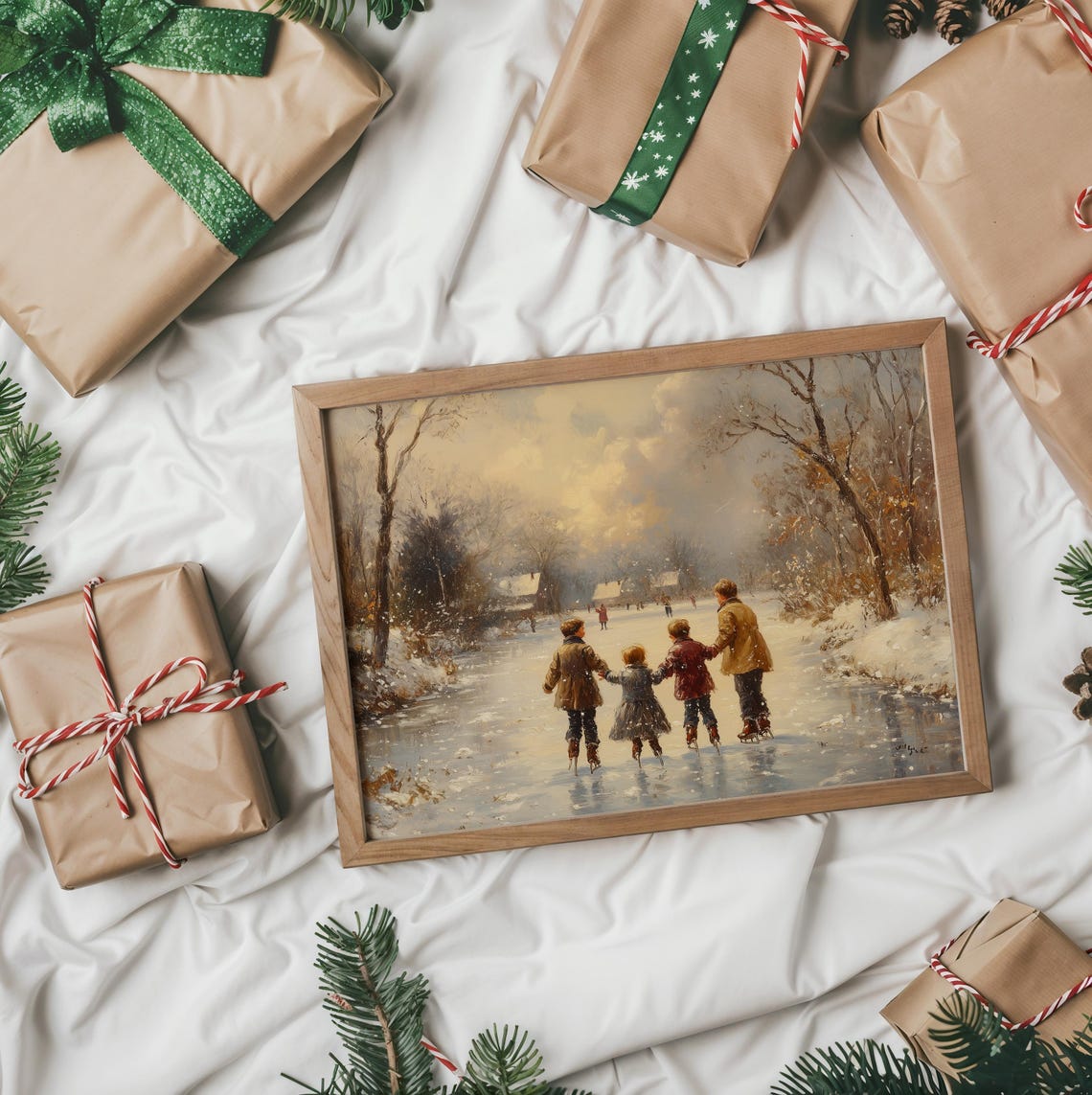 Four Children Ice Skating On A Frozen Pond At Golden Sunset Poster - Image 2