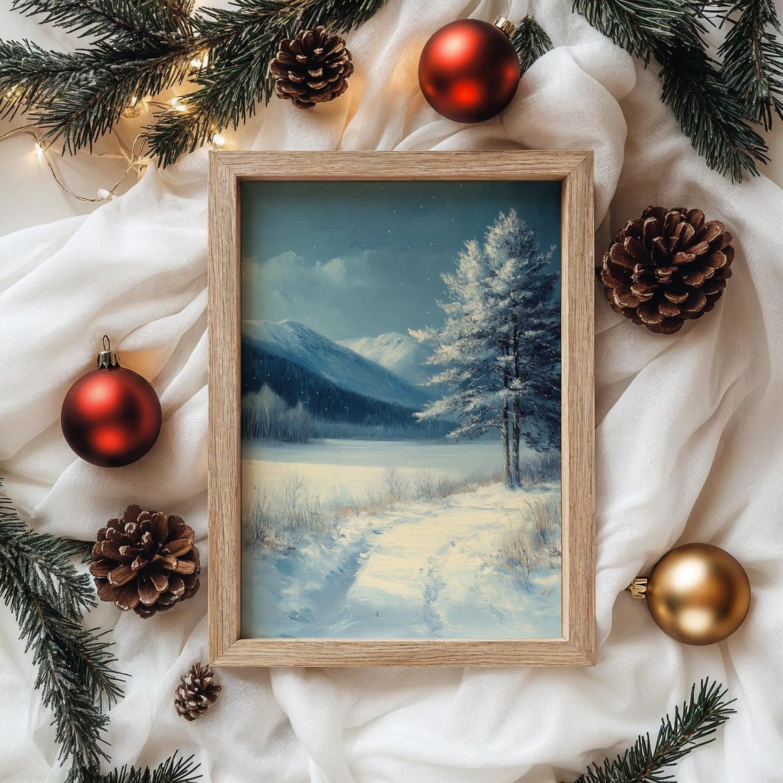 Moonlit Frosty Meadow With Snowy Tree And Mountain View Poster - Image 4