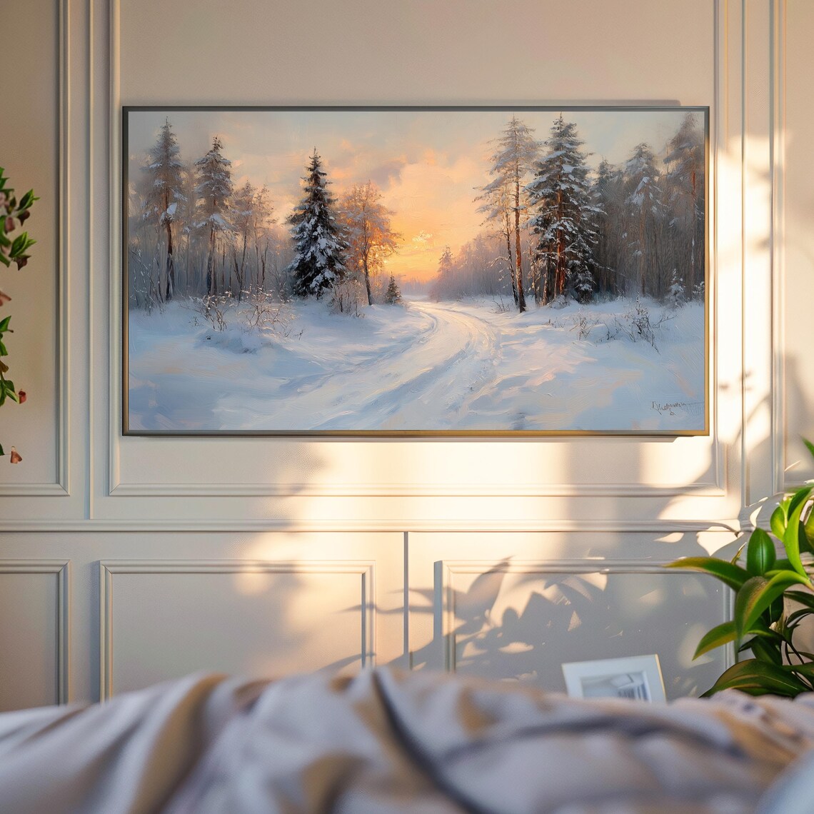 Snowy Pine Forest Road At Golden Winter Sunset Moody Landscape Art Poster - Image 4