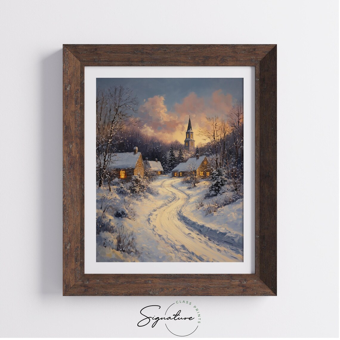 Snowy Church Village at Dusk with Glowing Windows Winter Poster - Image 3