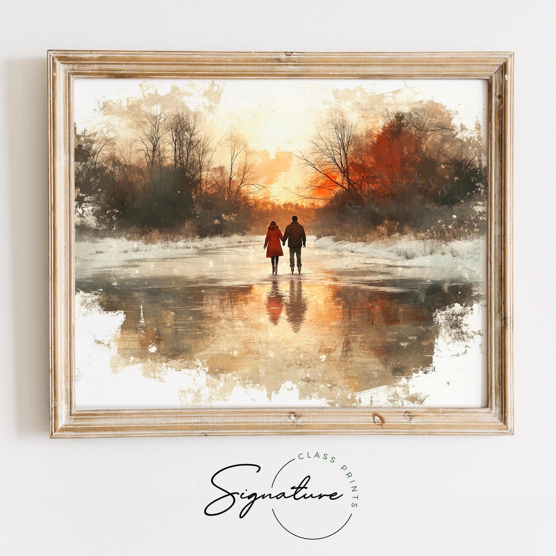 Couple Walking Hand In Hand Across Frozen Lake Sunset Poster