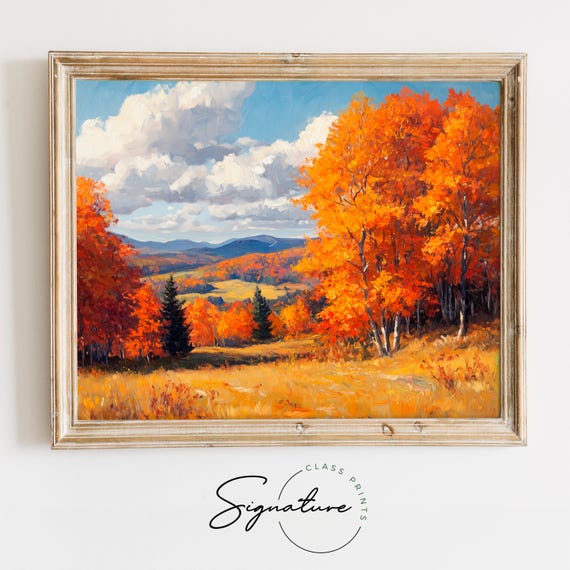 Autumn Mountain Meadow Earthy Fall Landscape Art Vibrant Hills Birch Trees Rustic Moody Autumn Wall Decor 1268
