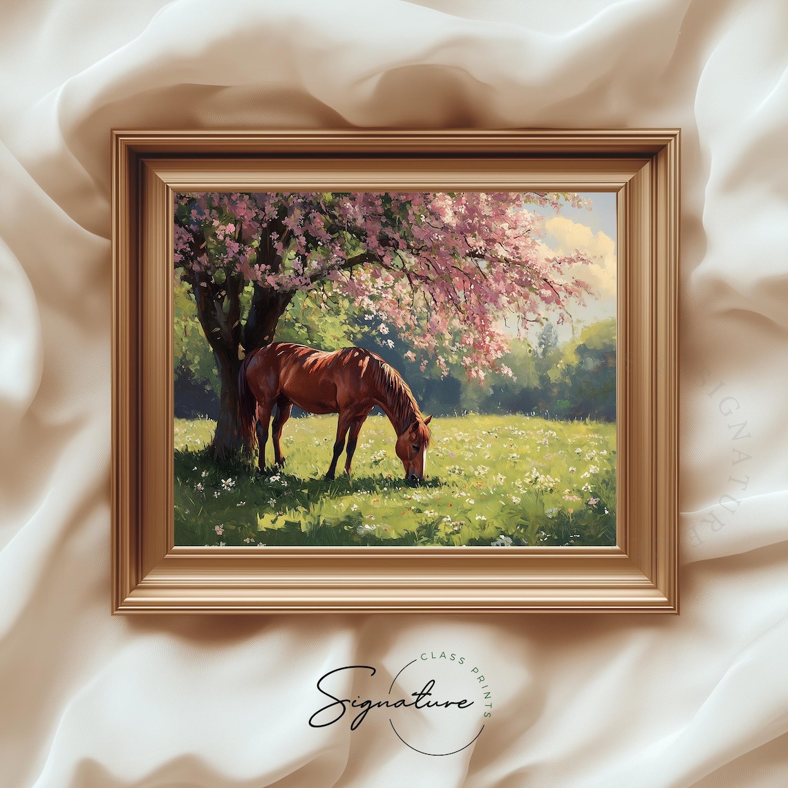 Horse Grazing Under Flowering Tree, Vintage Country Scene