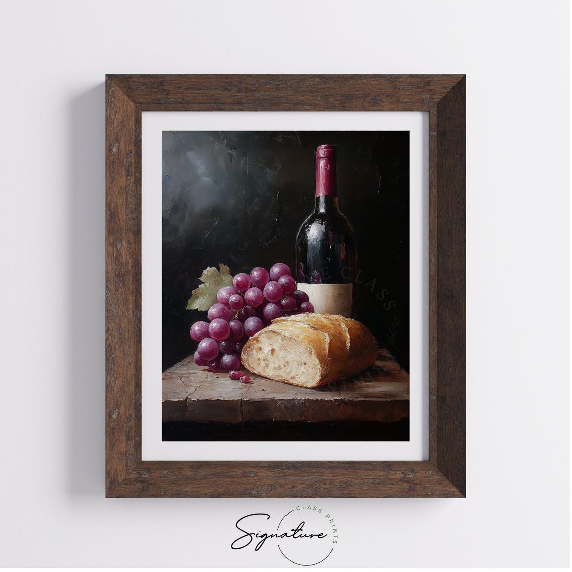 Wine Bottle Grapes Bread Still Life Oil Painting Kitchen Wall Poster - Image 5