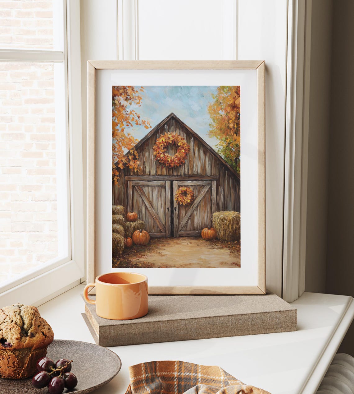 Rustic Barn Fall Wreath Pumpkins Hay Bales Farmhouse Art Poster - Image 6