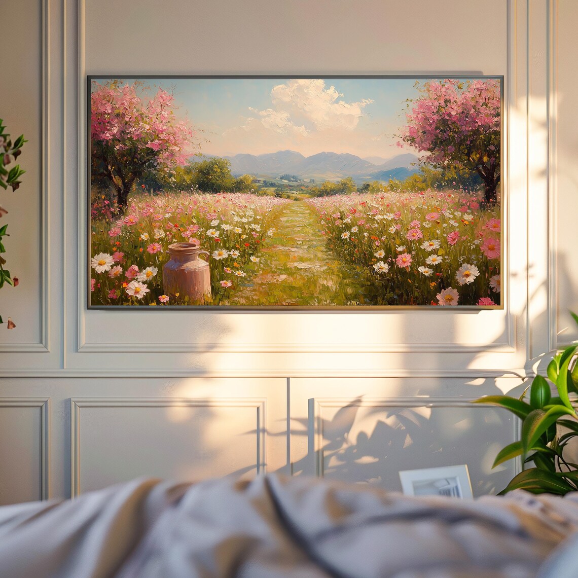 Spring Meadow Blooming Wildflowers Pink Blossom Trees Country Path Poster - Image 4