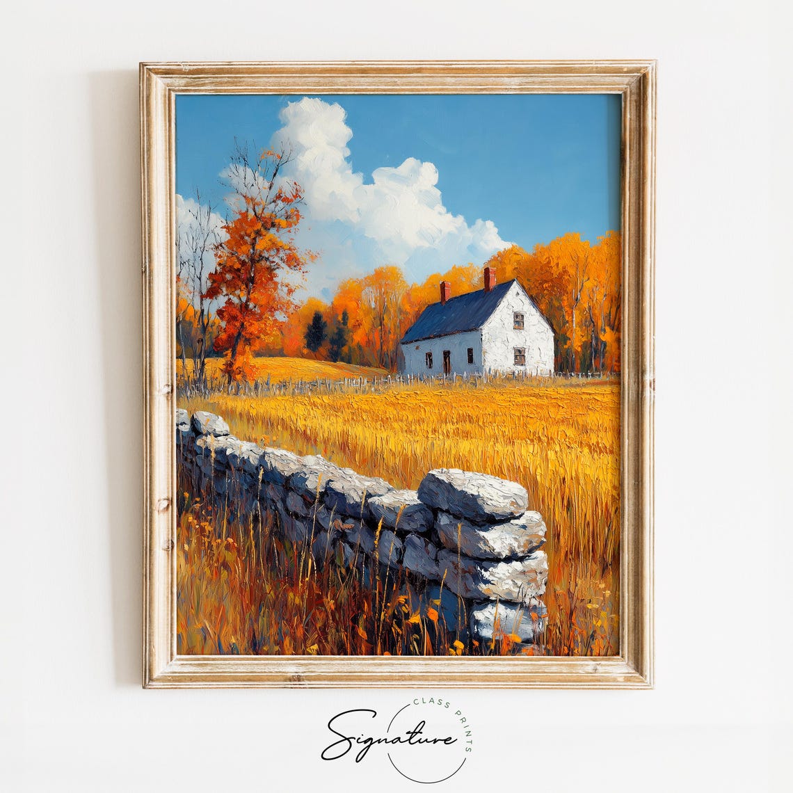 White Farmhouse and Stone Wall Over Golden Wheat Field Poster