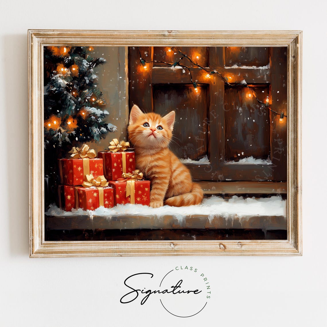Ginger Kitten with Red Christmas Gifts on Snowy Windowsill Poster