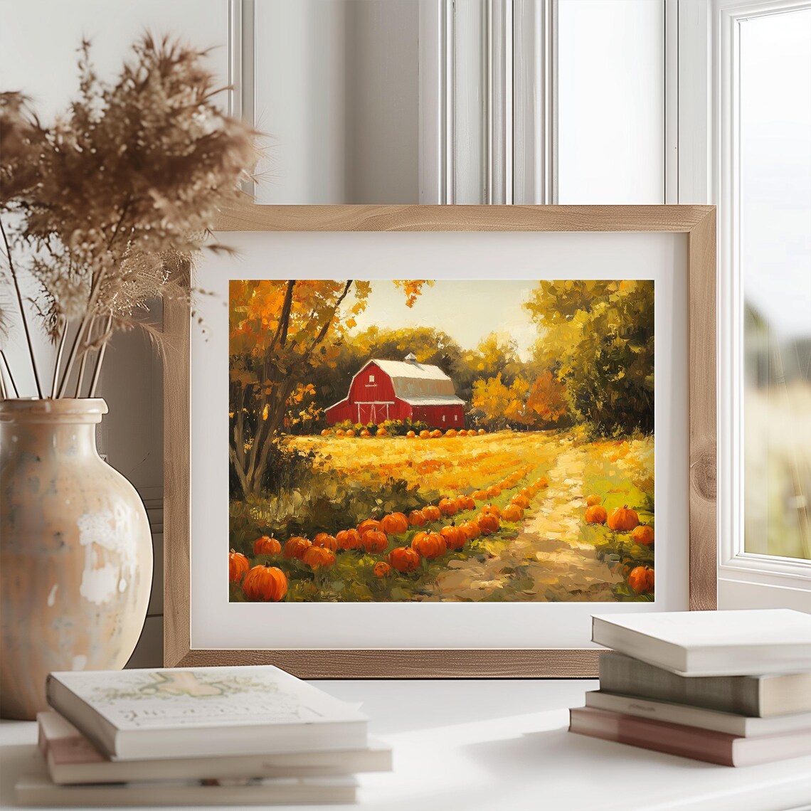 Red Barn Pumpkin Patch Painting Golden Autumn Trees Fall Harvest Poster - Image 2
