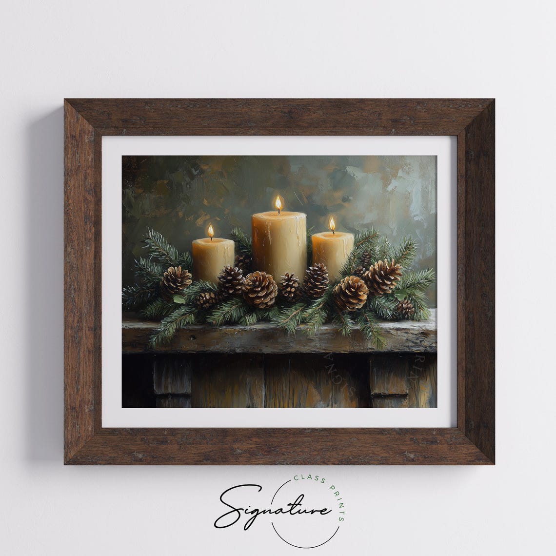 Glowing Pillar Candles with Pinecones and Evergreen Garland Poster