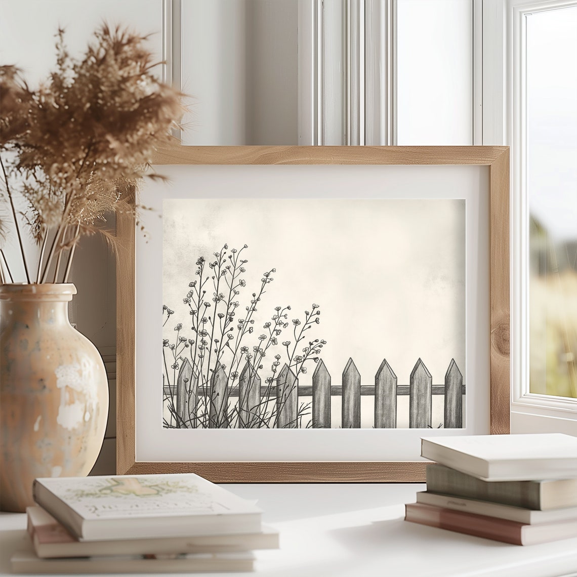 Picket Fence with Wildflowers and Grasses Pencil Sketch Poster - Image 2