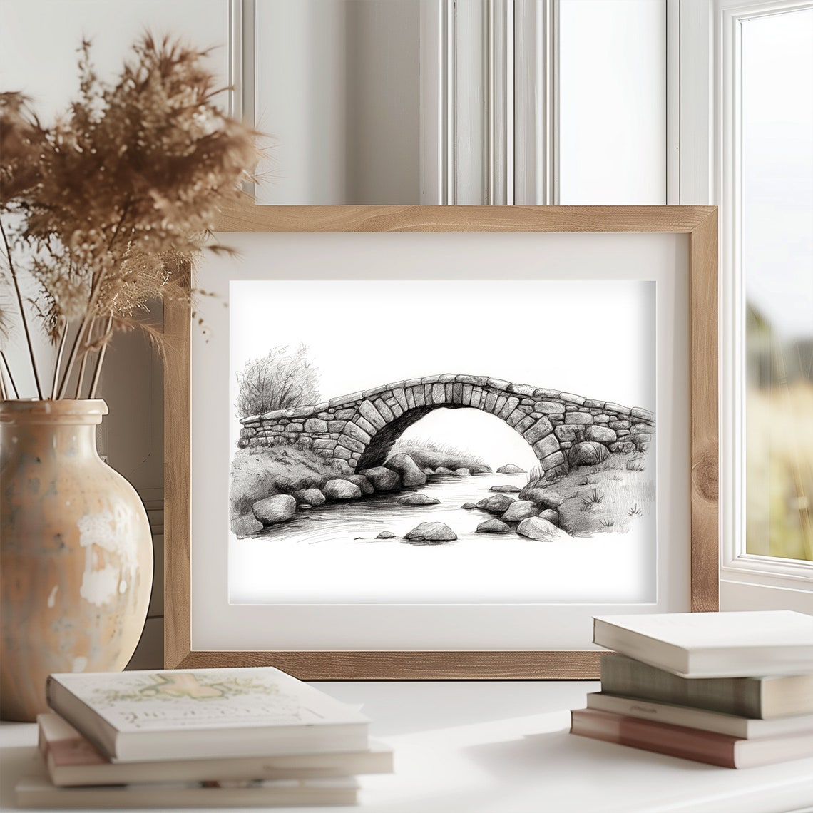Old Stone Arch Bridge Over Stream Pencil Sketch Landscape Poster - Image 2