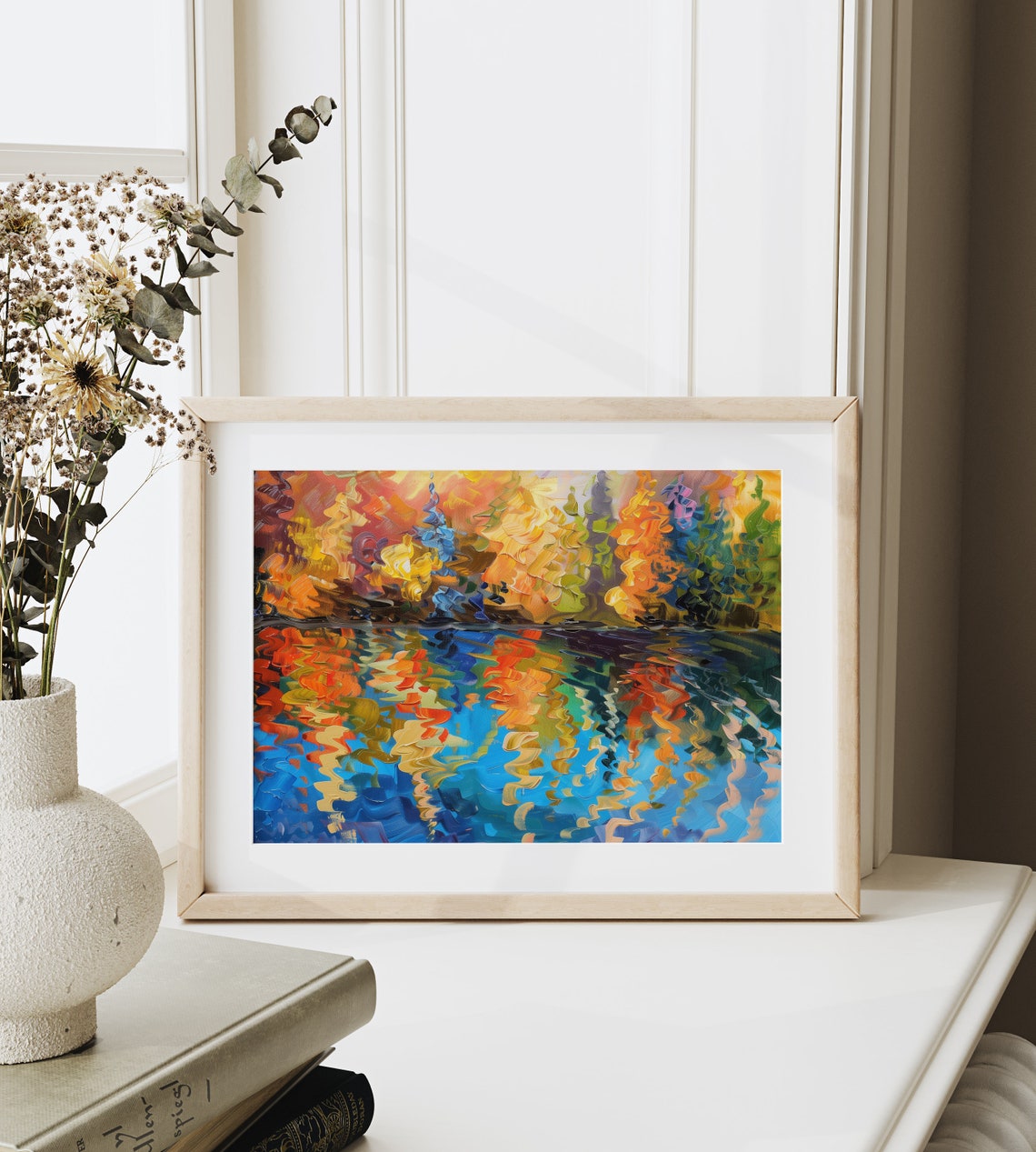 Fiery Autumn Trees Reflected In Deep Blue Lake Impasto Oil Poster - Image 6