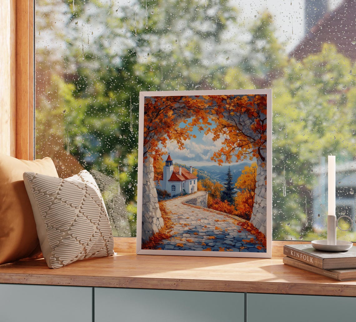 European Old White Chapel Cobblestone Autumn Mountain Vista Print - Image 2