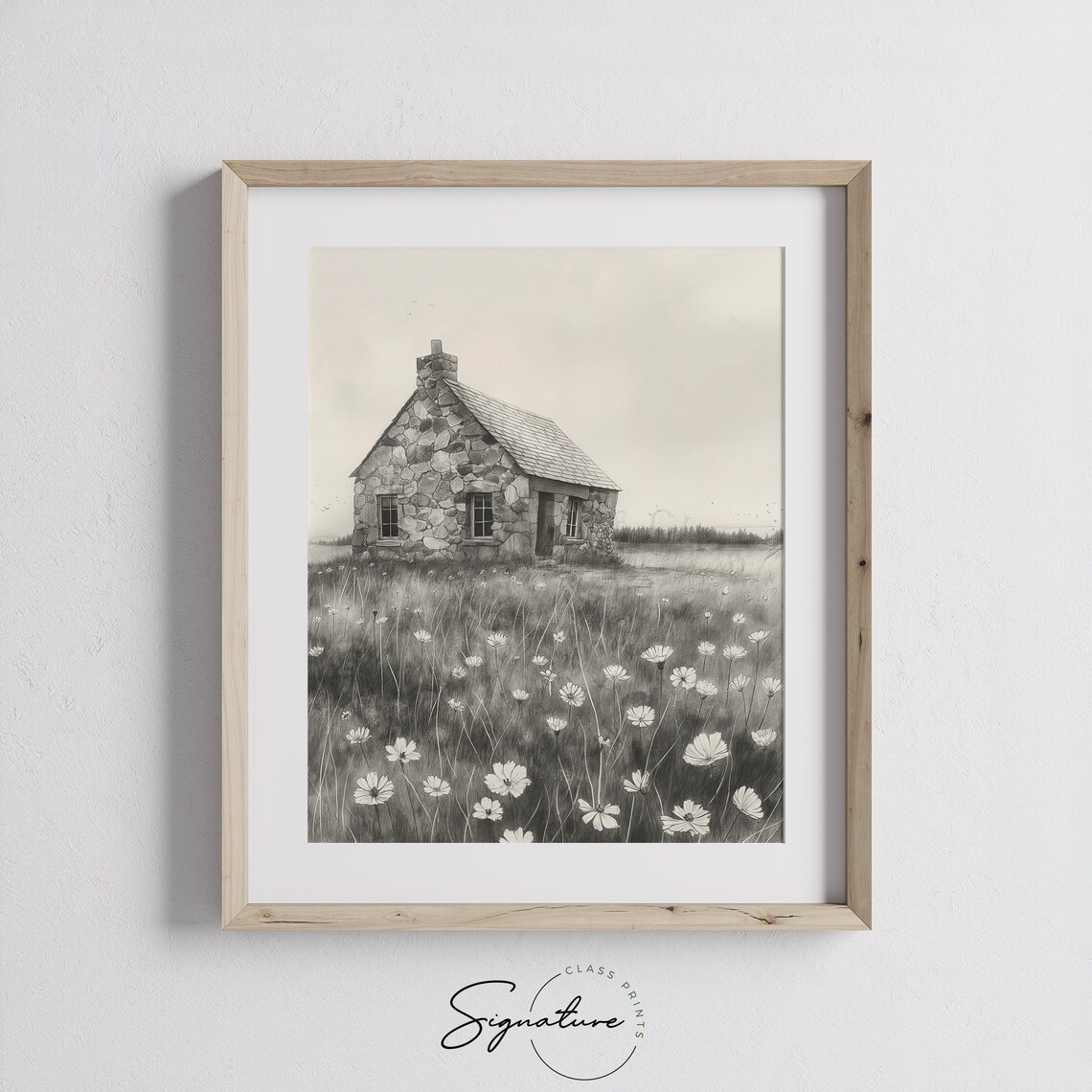 Stone Cottage In A Field Of Wildflowers Sketch Rustic Art Poster - Image 3