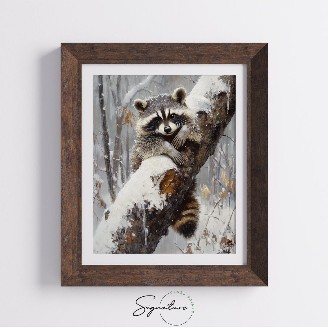 Raccoon In Snow Covered Tree Cute Winter Wildlife Art Poster - Image 2