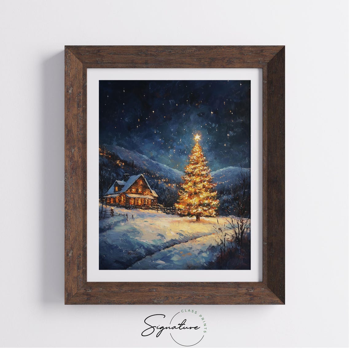 Snowy Christmas Night Lit Tree Log Cabin Starry Sky Winter Art Poster - Image 5