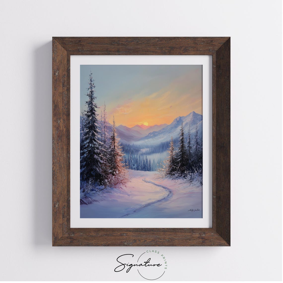 Beautiful Sunrise Over Snowy Mountain Path Winter Landscape Poster - Image 2