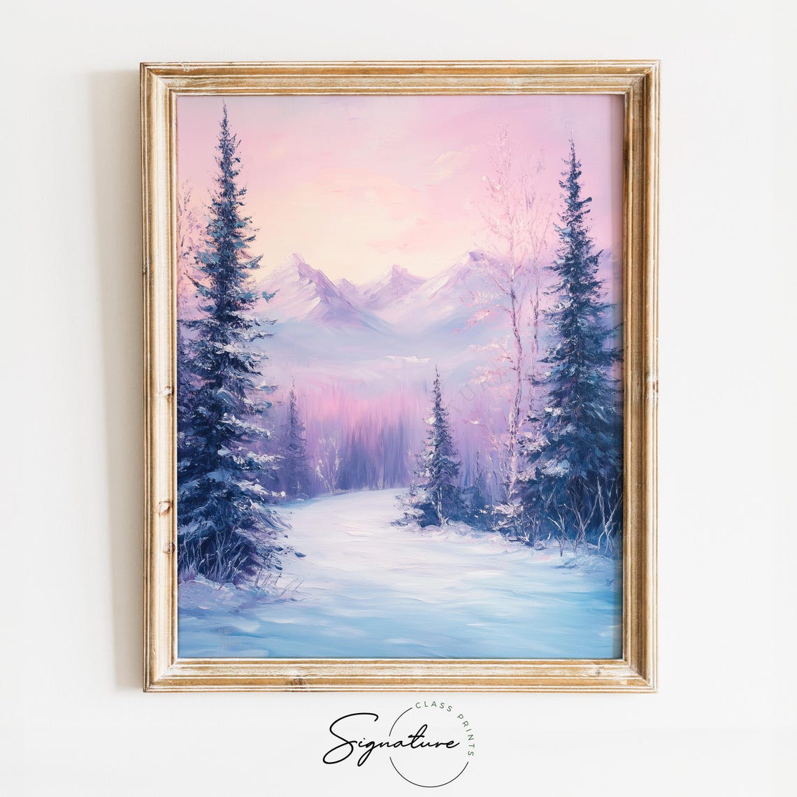 Pastel Pink Sunset Glow Snowy Pine Trail Mountains Oil Painting Poster