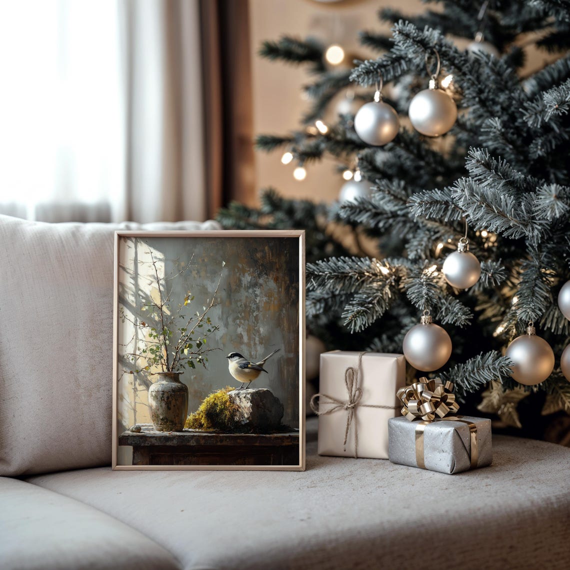 Small Winter Bird on a Mossy Rock With Rustic Vase Still Life Poster - Image 5