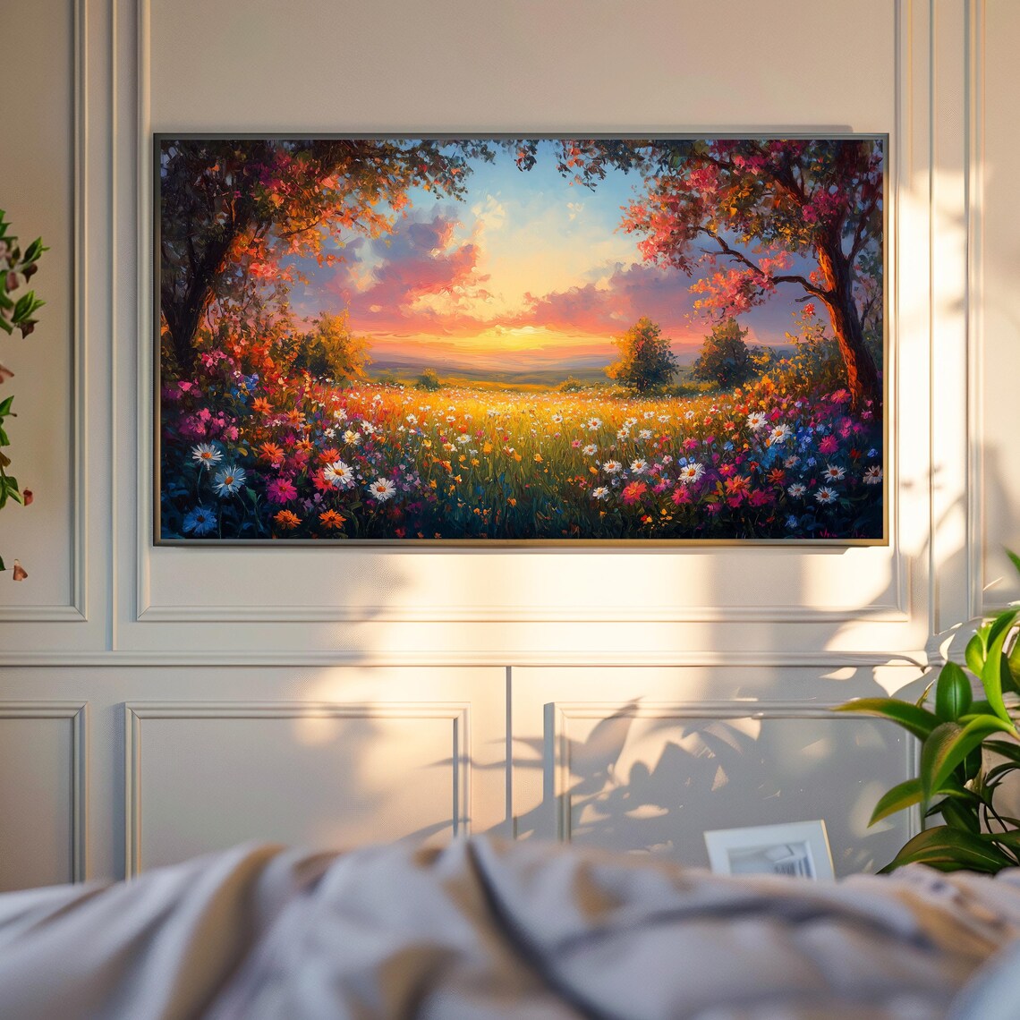 Sunset Wildflower Meadow Vibrant Spring Blossoms Colorful Landscape Art Poster - Image 4