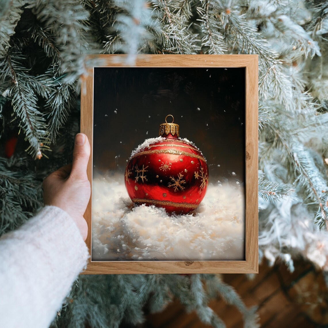 Red Christmas Ornament in Snow Gold Snowflakes Painting Poster - Image 6