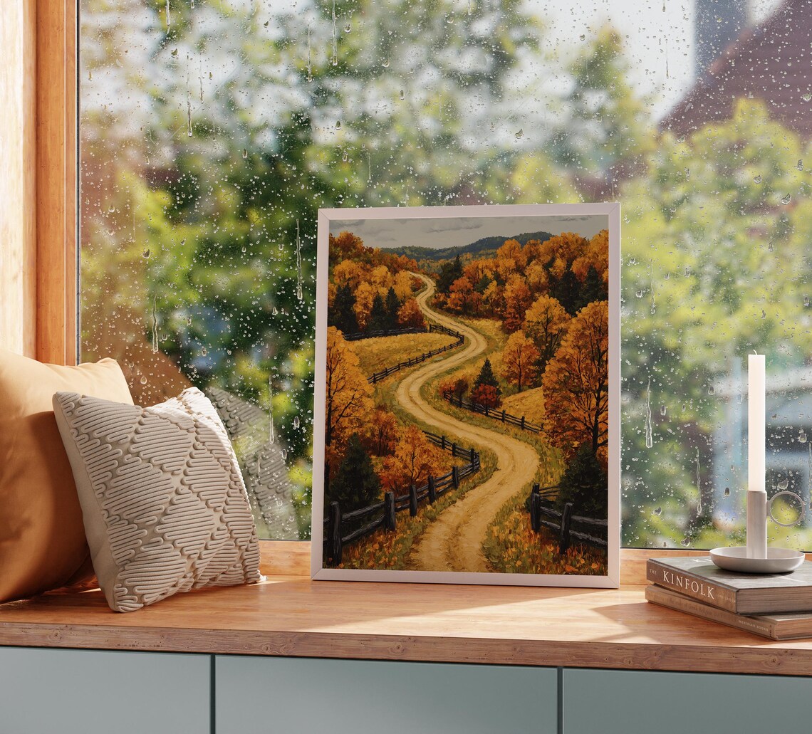 Winding Fence Road Autumn Forest Hilltop Scenic Painting Print - Image 2