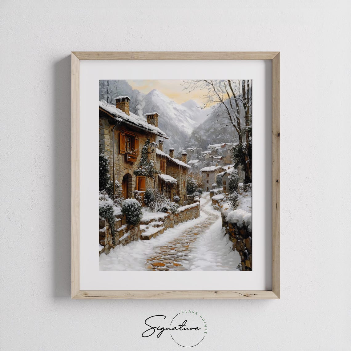 Old Stone Village Street in Snow with Mountain Backdrop Poster - Image 2