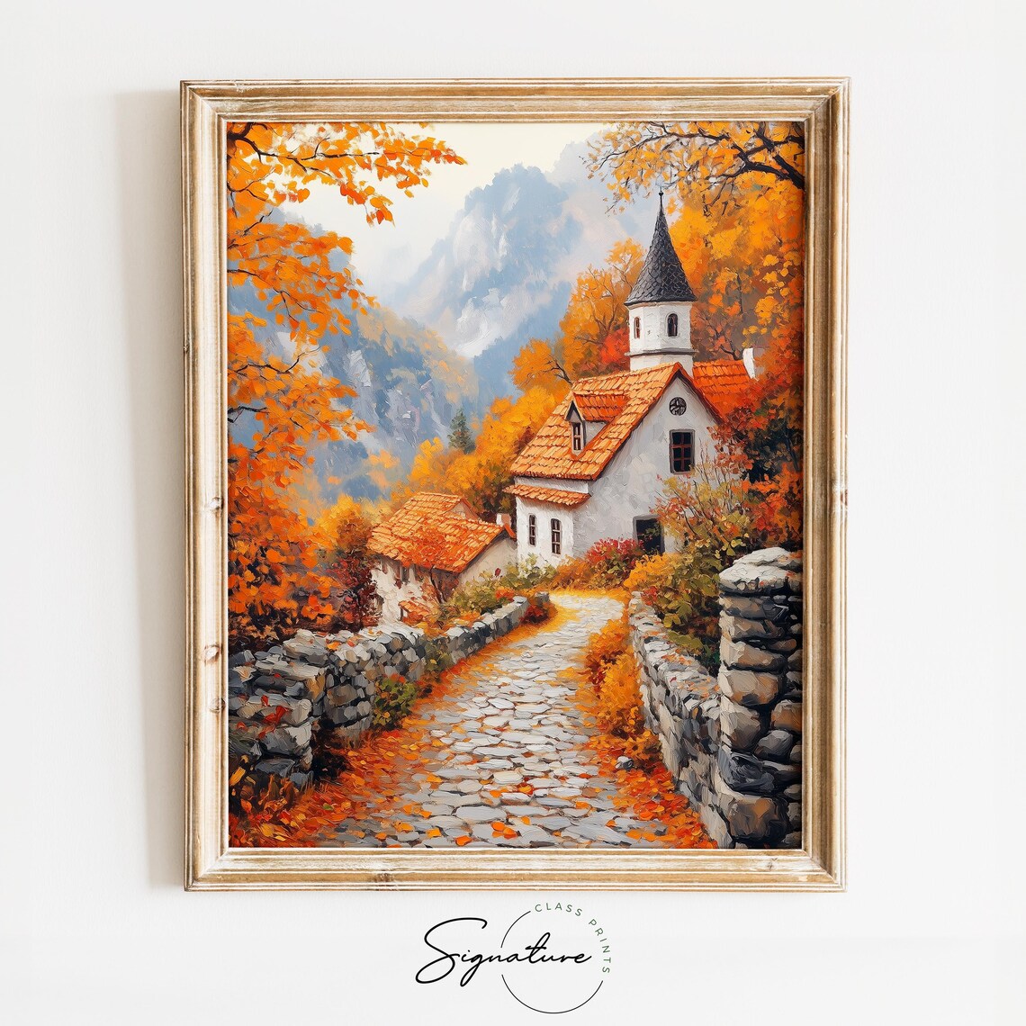 Mountain Village Church on Cobblestone Street in Glowing Autumn Light Wall Art