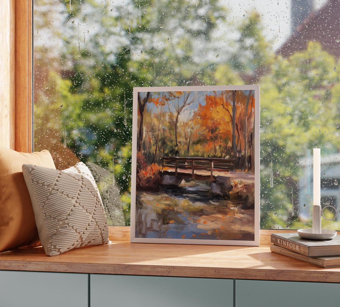 Rustic Wooden Footbridge Over a Stream in Fiery Autumn Woods Poster - Image 2